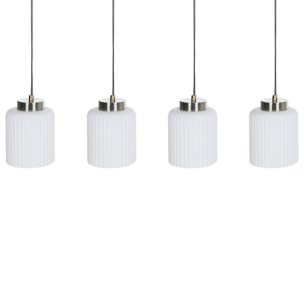 Vier weiße Pendelleuchten mit geripptem Lampenschirm