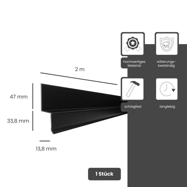 Schwarzes Bauprofil, Länge 2 Meter, Höhe 47 Millimeter und 33,8 Millimeter, Breite 13,8 Millimeter. Witterungsbeständig, schlagfest und langlebig.