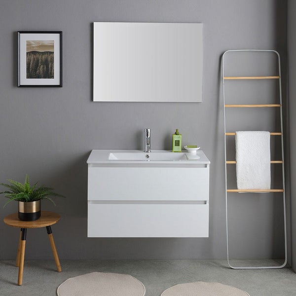 Moderner Badezimmer-Waschtisch in Weiß mit zwei Schubladen, integriertem Waschbecken, rechteckigem Wandspiegel und einer Handtuchleiter aus Holz.