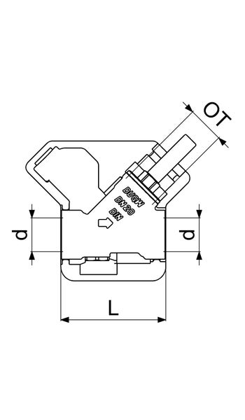 Technische Zeichnung einer Armatur mit Maßangaben für Durchmesser d, Länge L und Oberteil OT sowie Kennzeichnung für Nennweite 20.