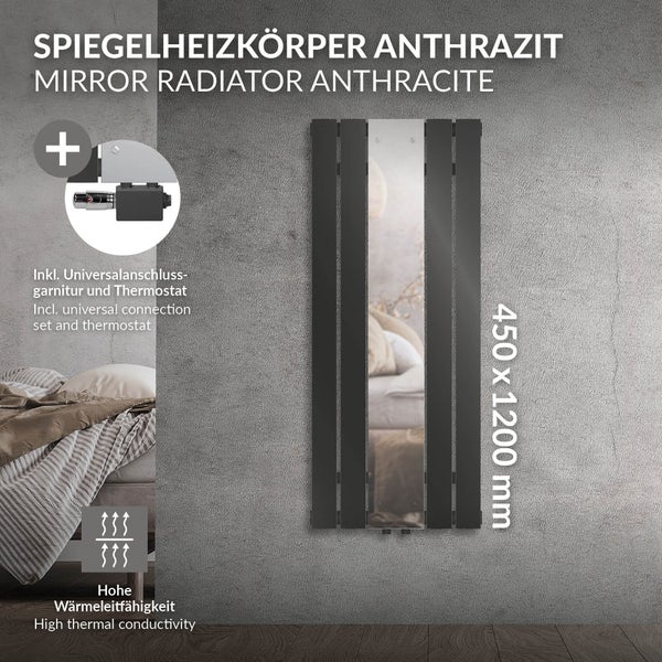 LuxeBath Badheizkörper mit Spiegel Mittelanschluss 1200x450mm Anthrazit Anschlussarmatur Universal Eck- und Durchgangsform Multiblock Thermostat Paneelheizkörper Spiegelheizkörper Glasheizkörper Flach
