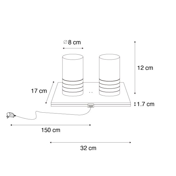 Maßzeichnung Leuchte: Breite 32 Zentimeter, Tiefe 17 Zentimeter, Höhe 12 Zentimeter, Durchmesser 8 Zentimeter, Kabel 150 Zentimeter.