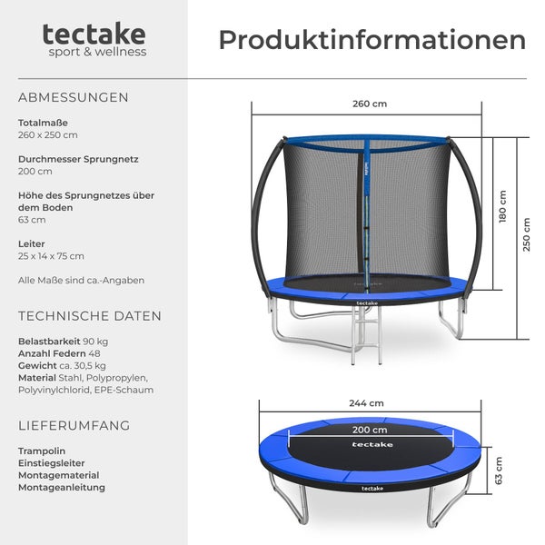 Produktinformationen zum tectake Trampolin mit Abmessungen von 260 mal 250 Zentimetern, einer Belastbarkeit von 90 Kilogramm und Lieferumfang.