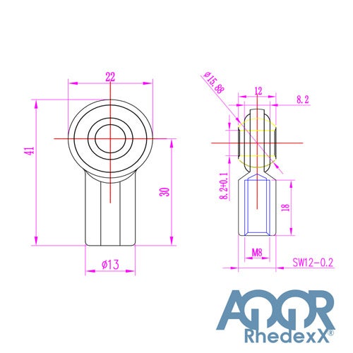 Technische Zeichnung eines Gelenkkopfes mit M8-Gewinde und Maßangaben sowie AQOR RhedeXX Logo.