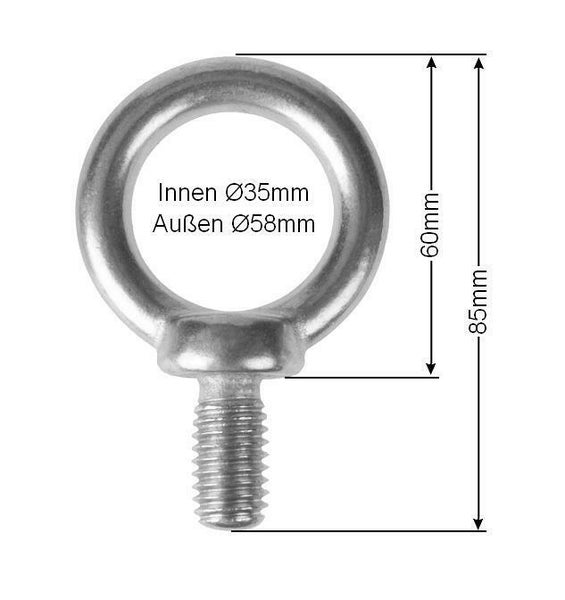 Ringschraube mit metrischem Gewinde, Innendurchmesser 35 Millimeter, Außendurchmesser 58 Millimeter, Gesamthöhe 85 Millimeter.