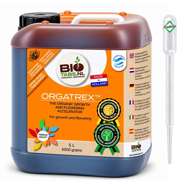 BioTabs Orgatrex organischer Wachstums und Blütebeschleuniger im 5 Liter Kanister mit Pipette für ökologischen Gartenbau.