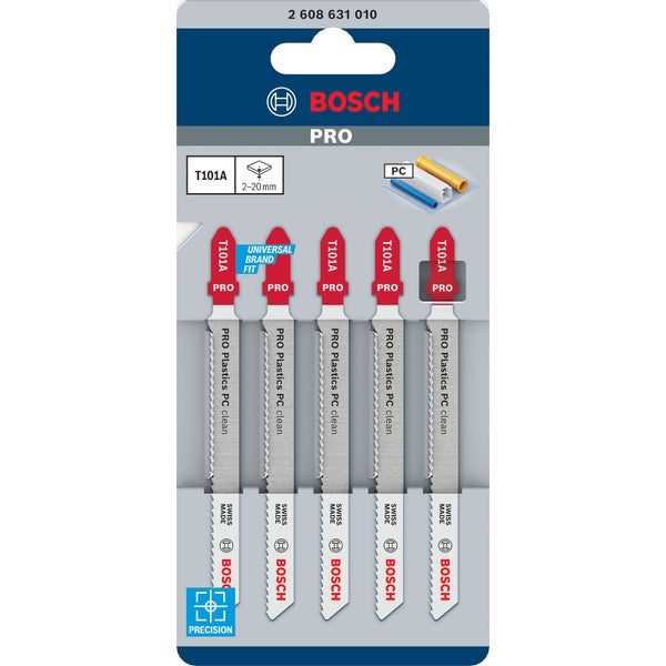 Bosch Stichsägeblätter T101A, Set mit fünf Sägeblättern zum sauberen Schneiden von Kunststoff