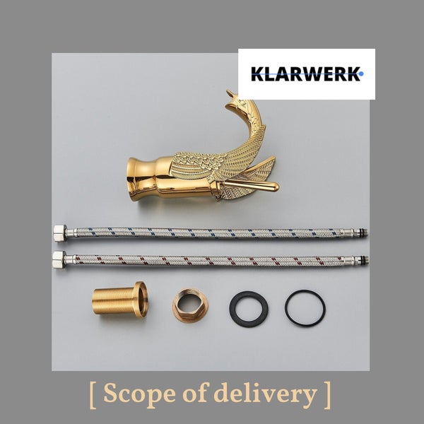 Klarwerk Waschtischarmatur in Schwanenform mit Anschlussschläuchen und Befestigungsmaterial im Lieferumfang.
