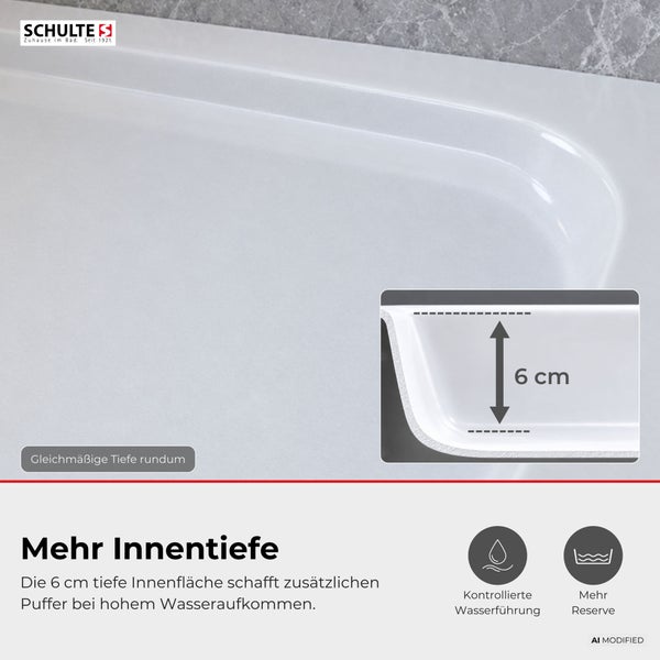 Schulte Logo, Duschwanne mit 6 Zentimeter Innentiefe fuer kontrollierte Wasserfuehrung und mehr Reserve.