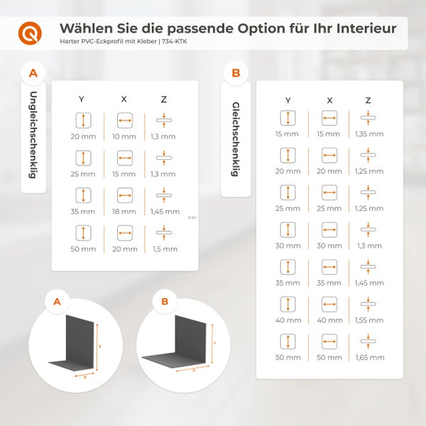 Übersicht der Abmessungen von harten PVC Eckprofilen mit Kleber in ungleichschenkliger und gleichschenkliger Ausführung mit Maßtabellen.