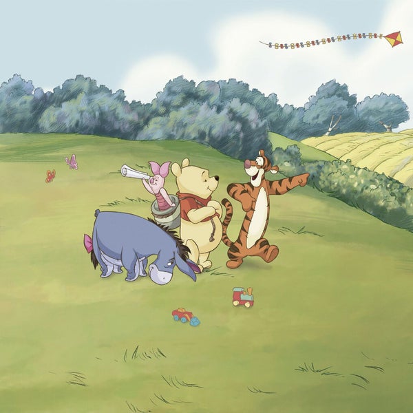 Illustration von Winnie Puuh, Ferkel, I-Aah und Tigger mit Spielzeug und einem Drachen im Himmel.