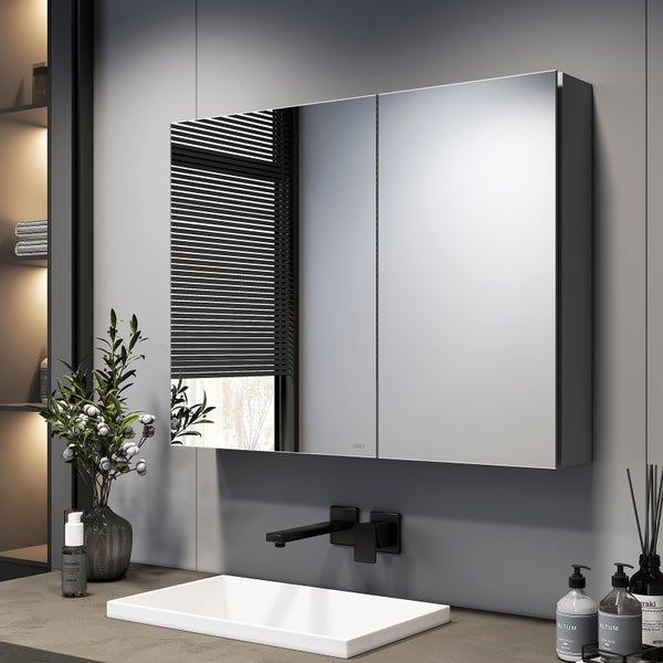 EMKE Spiegelschrank 850x145x650 mm, Grau, Rechteckig, Horizontal, 3 Innenräume, 3mm Rostfreies Spiegelglas, Mit Silent-Design Dämpfungsscharnieren, Badezimmer-Aufbewahrungsschrank, für Bad