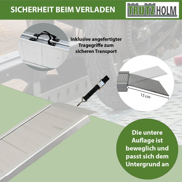 Aluminium Auffahrschiene von Trutzholm mit Tragegriff, Spanngurt und beweglicher Auflagefläche zur sicheren Verladung.