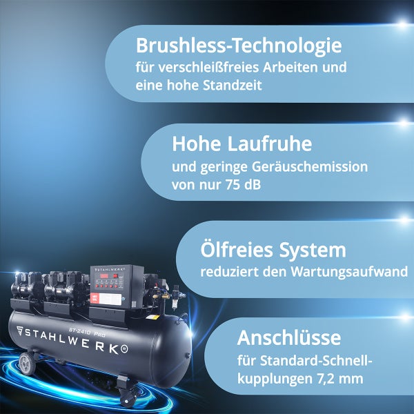STAHLWERK Logo neben Kompressor mit Brushless-Technologie, geringer Geräuschentwicklung, ölfreiem System und Standard-Schnellkupplungen