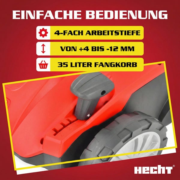 Detailansicht eines Rasenmähers mit Informationen zu Arbeitstiefe und Fangkorb