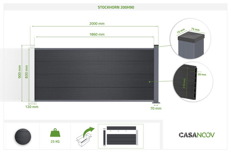 Casanoov Sichtschutzzaun Stockhorn 200H90, Breite 2000 Millimeter, Höhe 900 Millimeter, Verbundstoff-Lamellen, Gewicht 25 Kilogramm, Casanoov Logo.