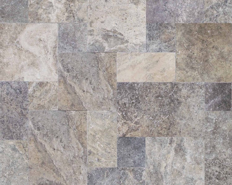 Wohnrausch Travertin Fliesen SILVER GREY Römischer Verband 1,2 cm, getrommelt, grau