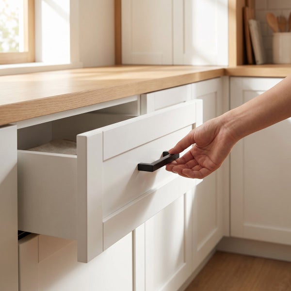Hand zieht eine Küchenschublade mit einem eckigen Möbelgriff an einer Front im Landhausstil mit Arbeitsplatte aus Holz in einer hellen Küche.