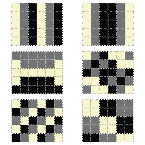 Sechs Beispiele für Verlegemuster von ineinandergreifenden Schaumstoff-Bodenschutzmatten in quadratischer Form.