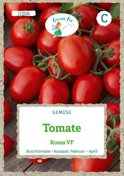 Samentüte für Tomate Roma VF mit Grüne Fee Logo. Abbildung reifer Tomaten mit Hinweis zur Aussaat von Februar bis April.
