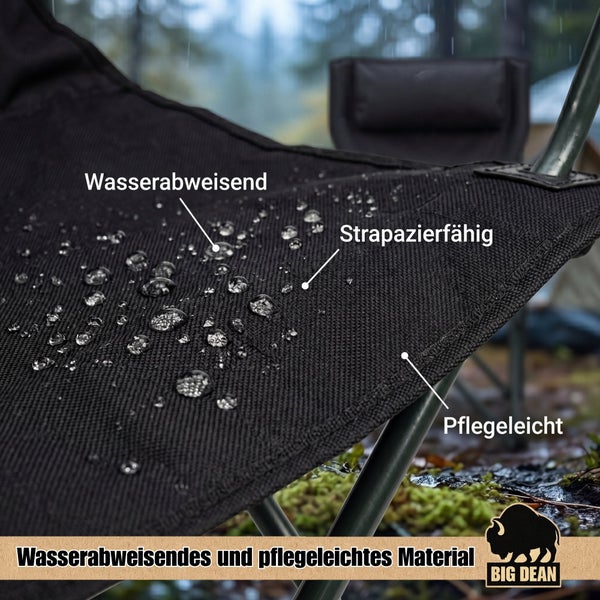 Detailansicht eines wasserabweisenden und strapazierfähigen Campingstuhl Bezugs mit Wassertropfen und Textinformationen zur Materialbeschaffenheit.