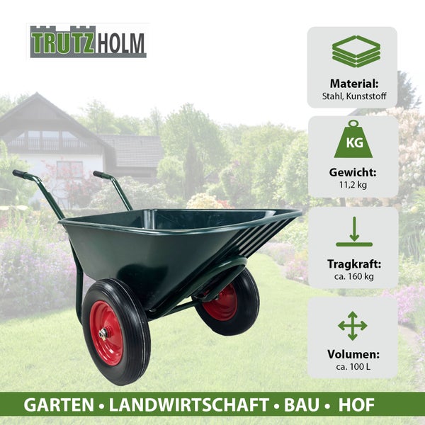 2 Rad Schubkarre 100l 160 kg Gartenkarre mit Vollgummi Rädern und Kunstoffwanne