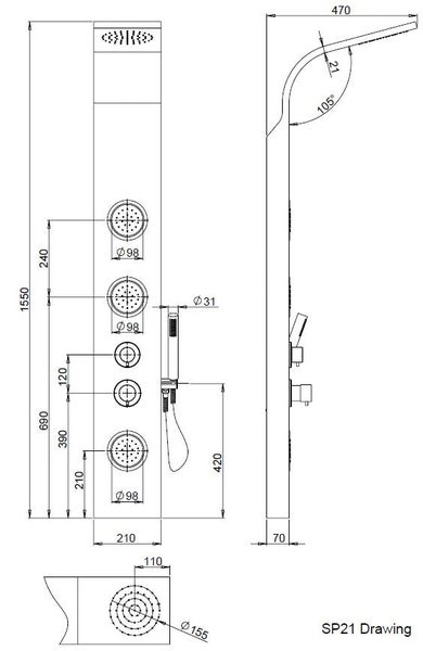 Technische Zeichnung einer Duschsäule mit Maßangaben