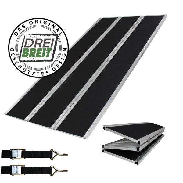 Dreifach faltbare Rampe aus Aluminium mit Sicherungsgurten