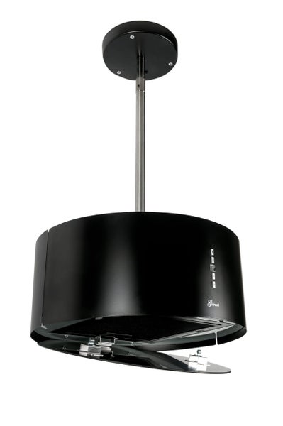 Gurari Inselhaube als freihängende Dunstabzugshaube in zylindrischer Form mit Touch-Bedienung und Metallfilter für die Deckenmontage.