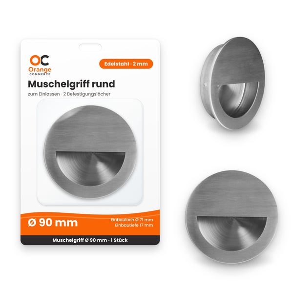 Runder Muschelgriff aus Edelstahl von Orange Commerce mit 90 Millimeter Durchmesser zum Einlassen in Türen oder Schiebetüren.