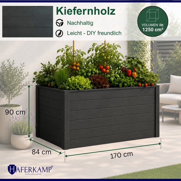 Haferkamp Hochbeet aus Kiefernholz mit den Maßen 170 mal 84 mal 90 Zentimeter, bepflanzt auf einer Terrasse.
