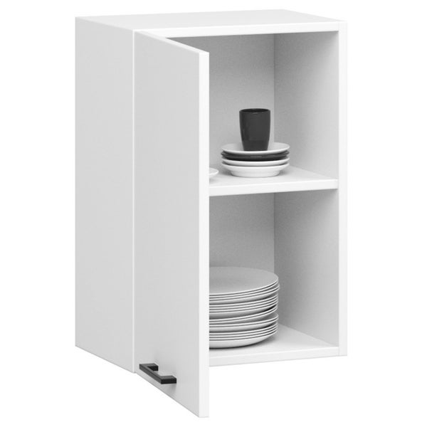 Weißer Küchenhängeschrank mit offenstehender Tür und Geschirr