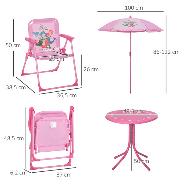 Outsunny 4tlg. Kindersitzgruppe, Gartentisch mit 2 Klappstühle, für 3-6 Jahre, Ø49,5 x 50H cm, Metall, Polyester, Rosa