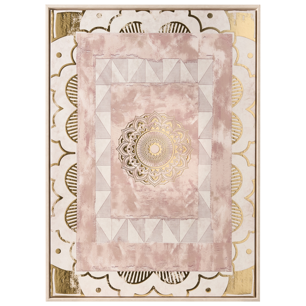 Detailaufnahme eines gerahmten Wandbildes mit abstrakten Mustern, Mandala und geometrischen Formen in Rosa und Gold.