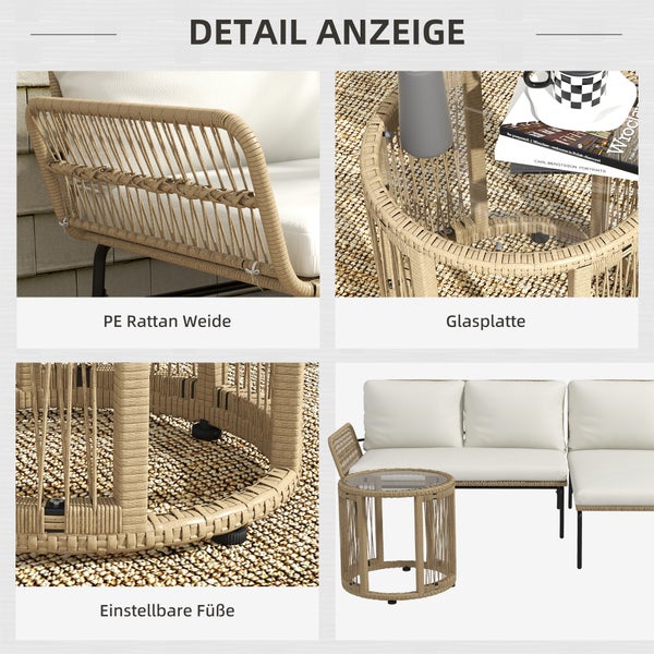 Outsunny 3-tlg. Rattan Gartenmöbel-Set, Gartengarnitur mit Liegestuhl, Couchtisch, Zweisitzer, Gartenset mit Sitzkissen, Balkonmöbel-Set für Garten, Terrasse, Creme