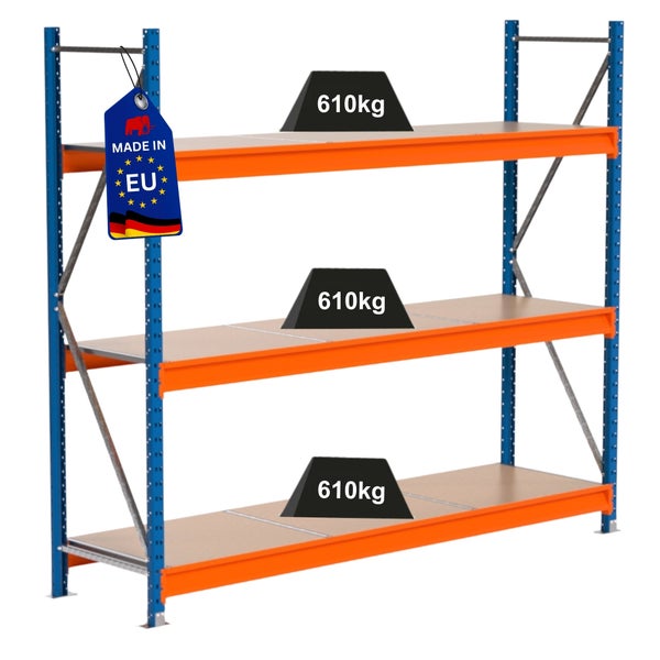 Lagerregal mit drei Ebenen und einer Traglast von 610 Kilogramm pro Ebene