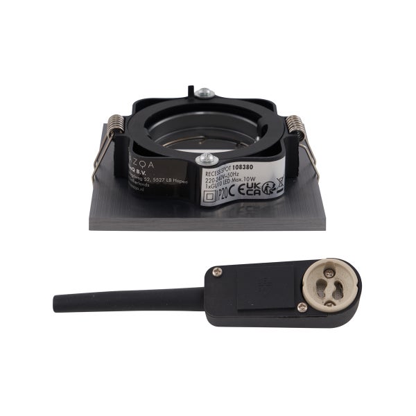 Quadratischer Einbaustrahler aus Metall für GU10 LED-Leuchtmittel inklusive Fassung, Schutzart IP20, mit Befestigungsfedern.