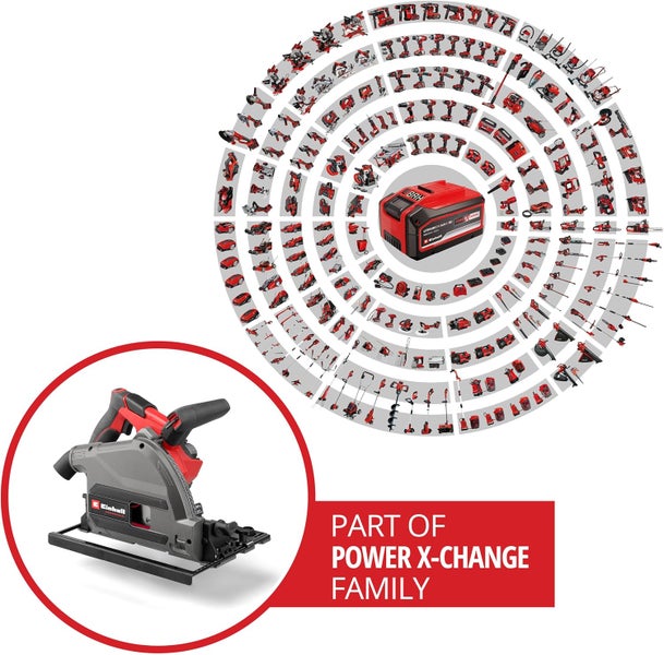 Einhell Power X-Change Akkusystem mit einer Vielzahl an kompatiblen Werkzeugen und Gartengeräten sowie einer Akku-Tauchsäge.