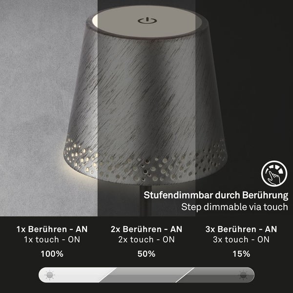 LED Akku-Tischleuchte Tischlampe höhenverstellbar IP44 silber RGB innen außen