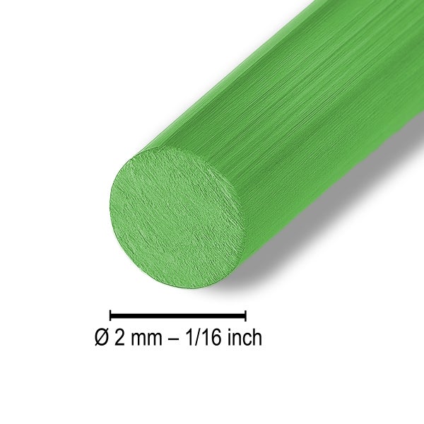 Grünes Rundprofil aus Kunststoff mit einem Durchmesser von 2 Millimetern oder 1/16 Zoll.