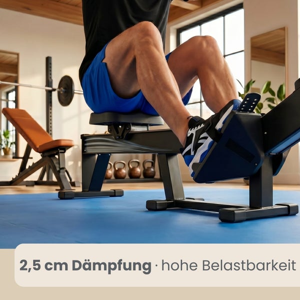 Blaue Fitnessmatte unter einem Rudergerät in einem hellen Heimfitnessraum. Die Matte bietet 2,5 Zentimeter Dämpfung und hohe Belastbarkeit.