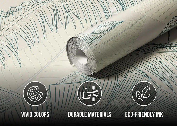 Tapete mit botanischem Blattmuster, Rolle mit Symbolen für lebendige Farben, langlebige Materialien und umweltfreundliche Tinte.