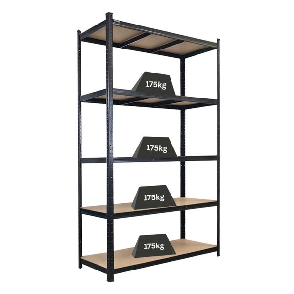 Metallregal mit fünf Ablagen und einer Traglast von 175 Kilogramm pro Ablage