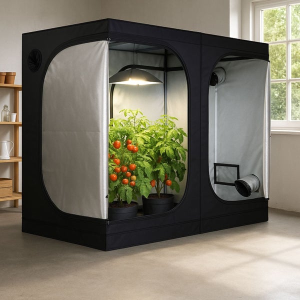 Gewächshauszelt mit Tomatenpflanzen und Beleuchtung