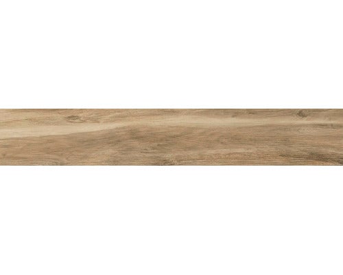 Bodenfliese in Holzoptik aus Feinsteinzeug, rechteckiges Format.