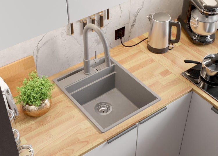 PRIMAGRAN Spülbecken Grau 43x53cm, Granitspüle 1 Becken + Ablauf-Set + Küchenzubehörset, Küchenspüle ab 45er Unterschrank - Oslo Pocket