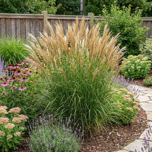 Üppiges Gartenbeet mit hohem Ziergras, Sonnenhut, Lavendel und Sedum an einem Pfad aus Stein und einem Zaun aus Holz.