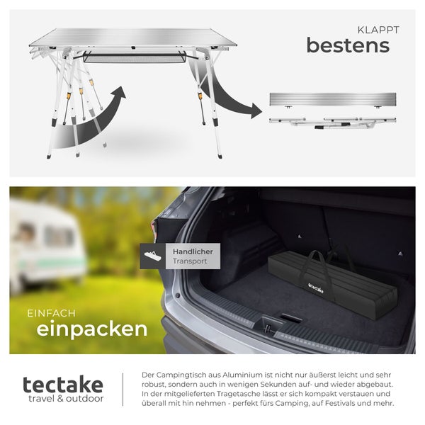 Klappbarer Aluminium-Campingtisch mit Darstellung des Faltmechanismus und Transport in einer Tragetasche im Kofferraum. Tectake Logo.