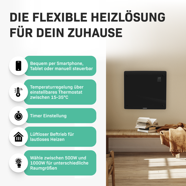 Flexible Heizlösung für Zuhause mit Smartphone, Tablet oder manueller Steuerung, Thermostat zwischen 15 und 35 Grad Celsius, Timer-Einstellung, lüfterlosem Betrieb und Auswahl zwischen 500 Watt und 1000 Watt für unterschiedliche Raumgrößen