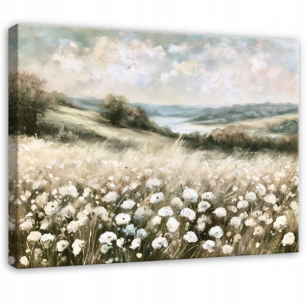 Wandbild mit einer impressionistischen Landschaftsmalerei eines Blumenfeldes und bewölktem Himmel auf Leinwand.